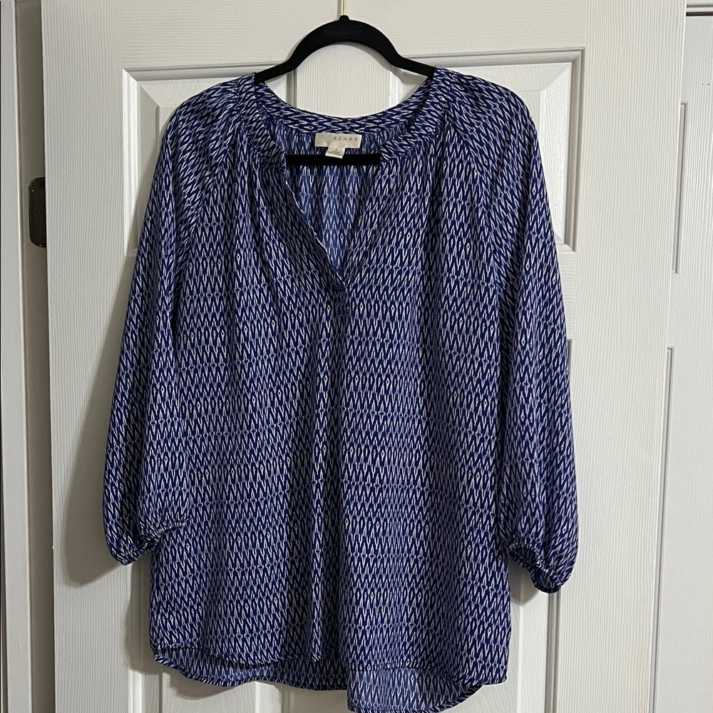Kenar Blue and White Chevron Patterned V Neck Long Sleeve Blouse Size Large